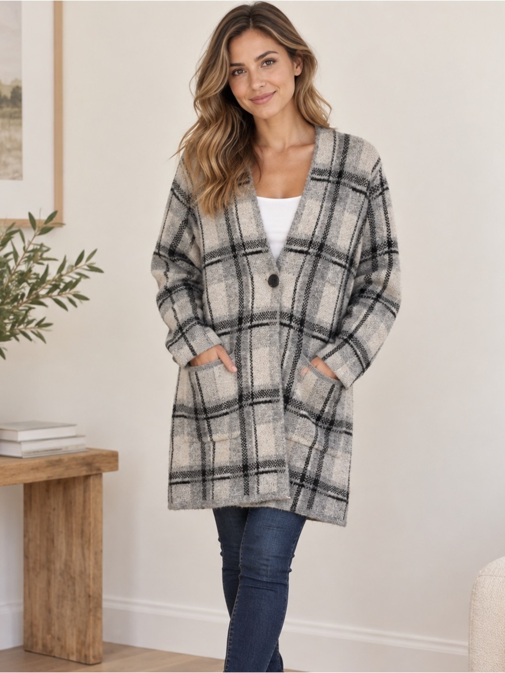 Rachel Zoe Plaid Wool Blend Long Cardigan Size Small Oversized Grey Black